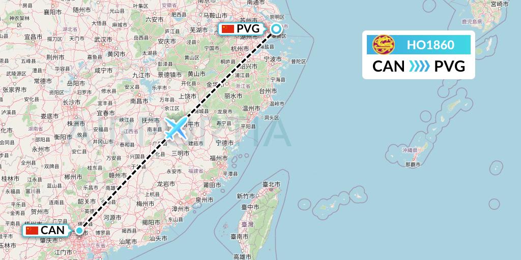 HO1860 Juneyao Airlines Flight Map: Guangzhou to Shanghai