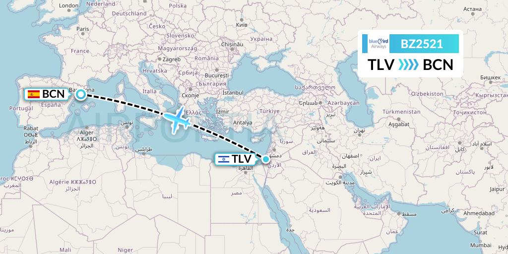 BZ2521 Bluebird Airways Flight Map: Tel Aviv to Barcelona