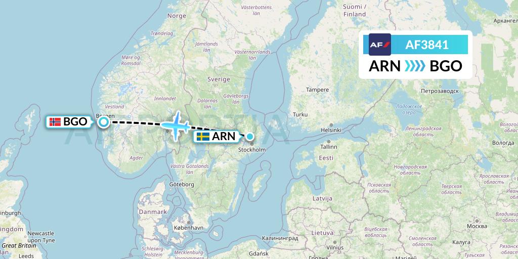 AF3841 Air France Flight Map: Stockholm to Bergen