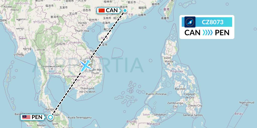 CZ8073 China Southern Airlines Flight Map: Guangzhou to Penang