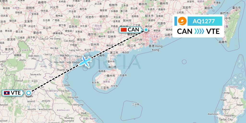 AQ1277 9 Air Flight Map: Guangzhou to Vientiane