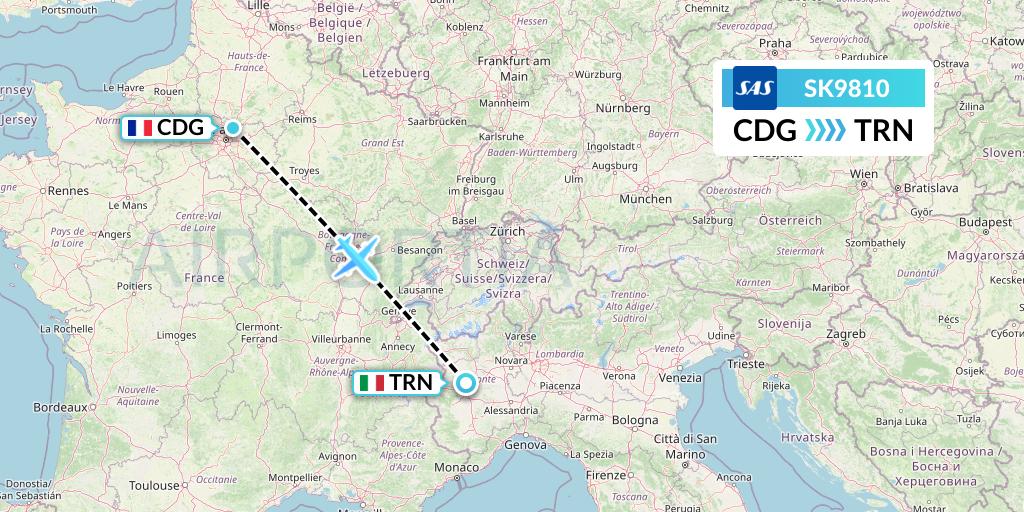 SK9810 SAS Flight Map: Paris to Turin