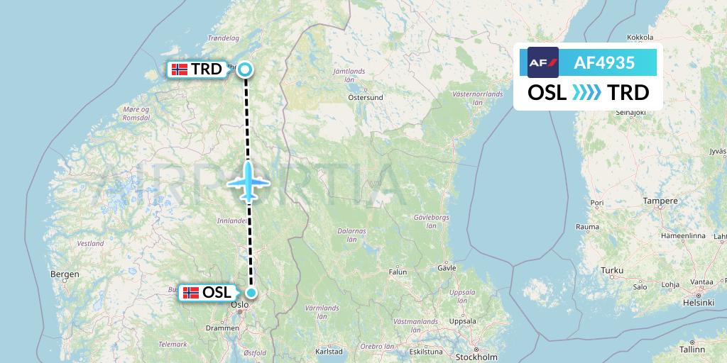 AF4935 Air France Flight Map: Oslo to Trondheim