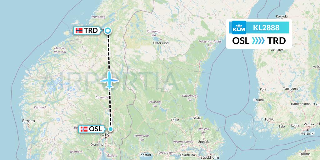KL2888 KLM Flight Map: Oslo to Trondheim