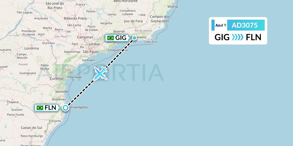 AD3075 Azul Brazilian Airlines Flight Map: Rio de Janeiro to Florianopolis