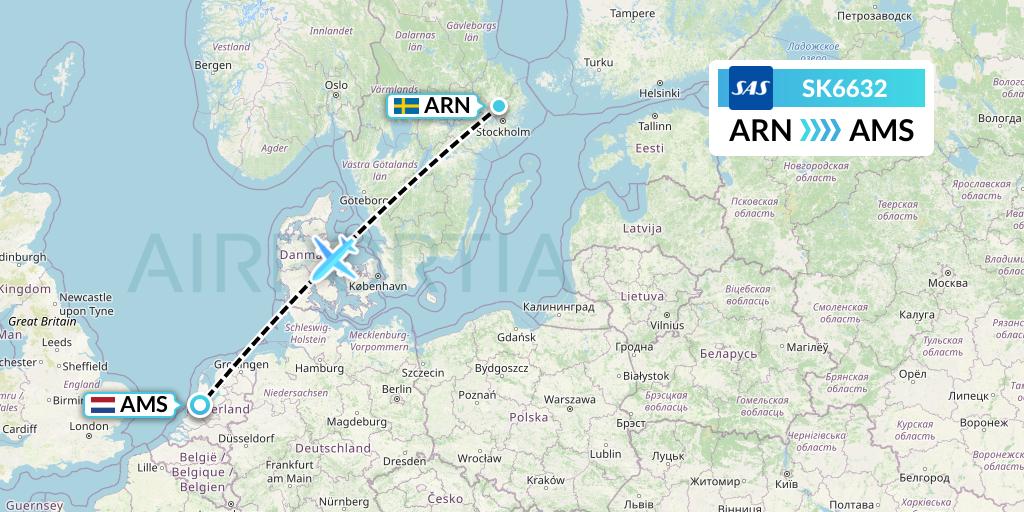SK6632 SAS Flight Map: Stockholm to Amsterdam