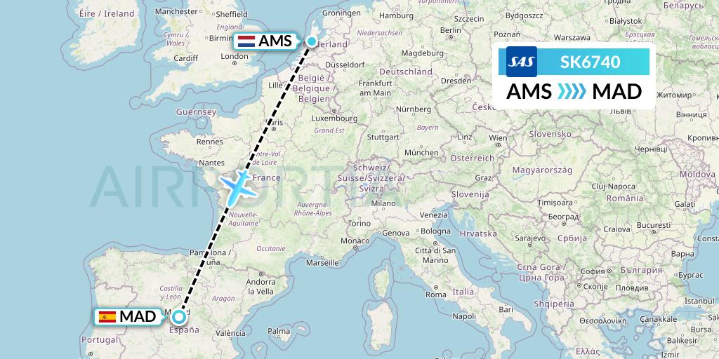 SK6740 SAS Flight Map: Amsterdam to Madrid