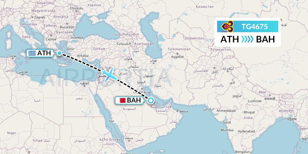 TG4675 Thai Airways Flight Map: Athens to Bahrain