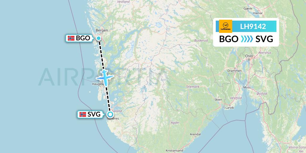 LH9142 Lufthansa Flight Map: Bergen to Stavanger