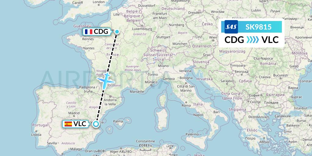 SK9815 SAS Flight Map: Paris to Valencia