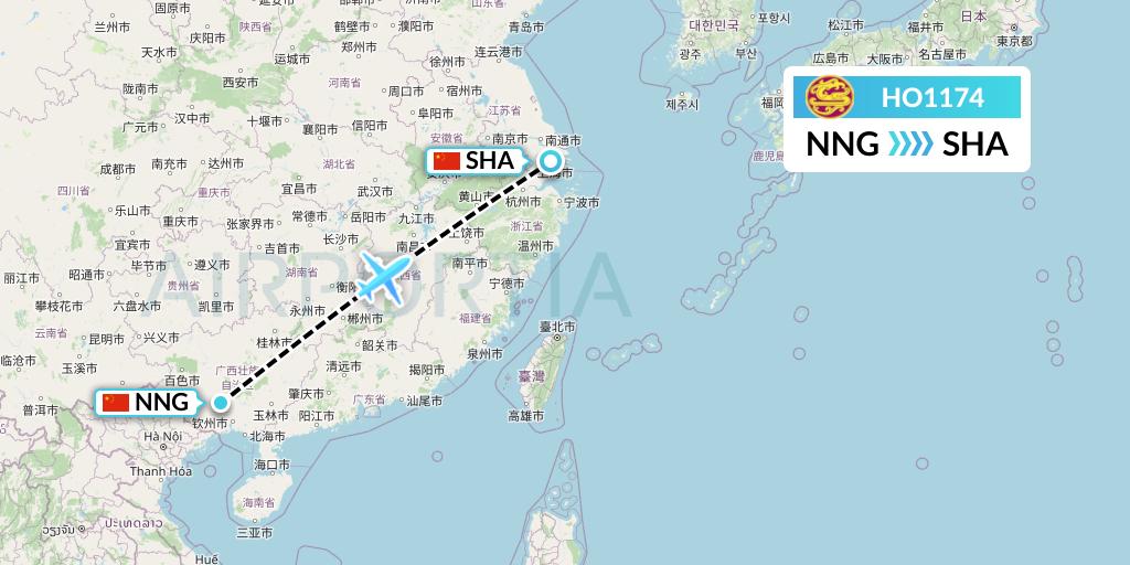 HO1174 Juneyao Airlines Flight Map: Nanning to Shanghai