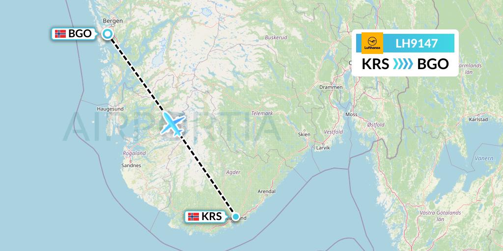 LH9147 Lufthansa Flight Map: Kristiansand to Bergen