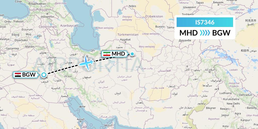 IS7346 Sepehran Airlines Flight Map: Mashhad to Baghdad
