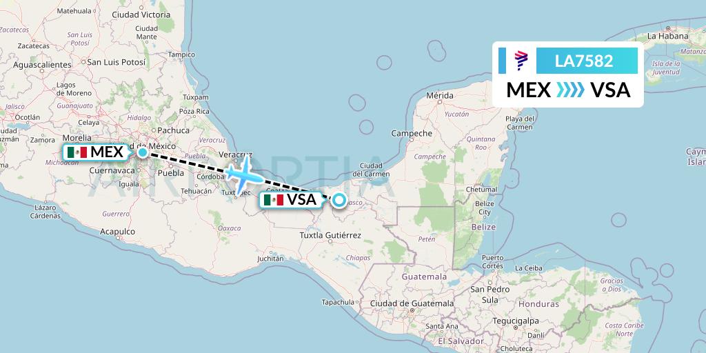 LA7582 LAN Airlines Flight Map: Mexico City to Villahermosa