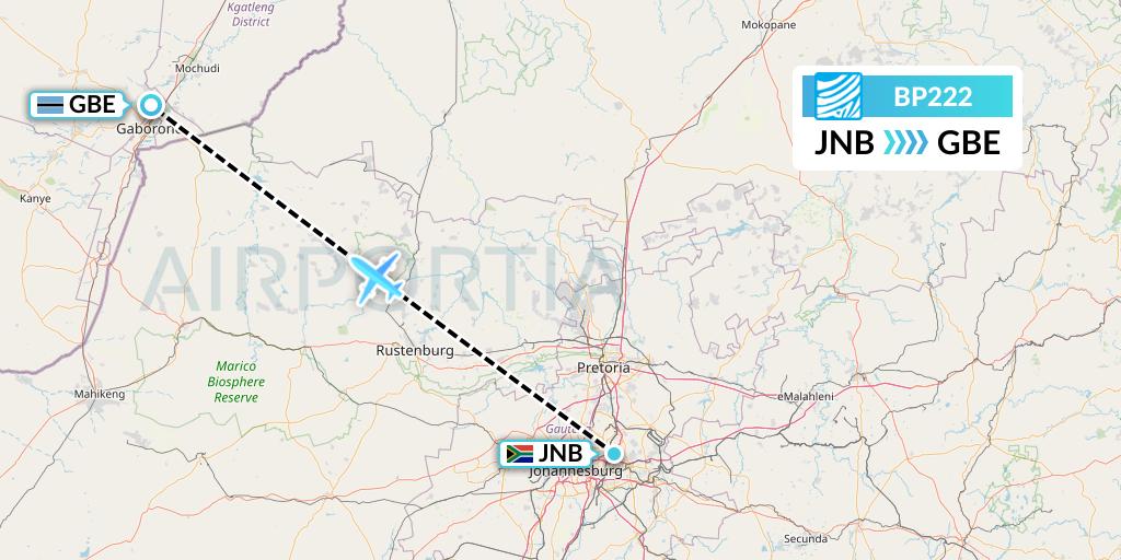 BP222 Air Botswana Flight Map: Johannesburg to Gaborone