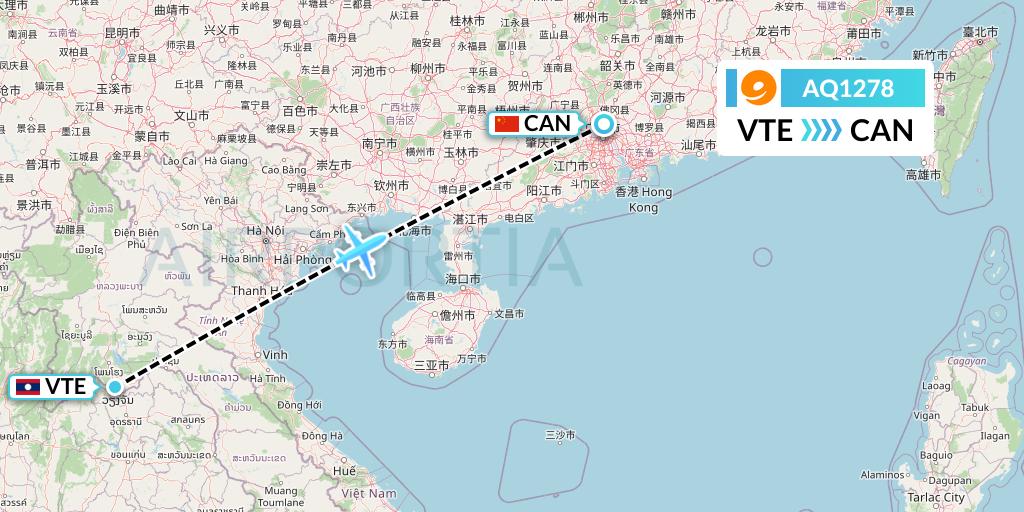 AQ1278 9 Air Flight Map: Vientiane to Guangzhou