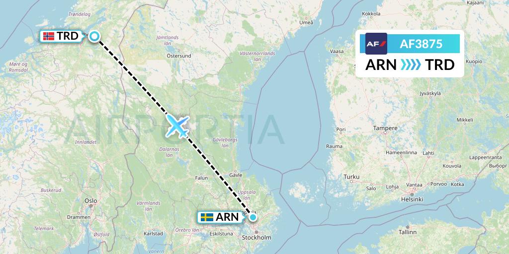 AF3875 Air France Flight Map: Stockholm to Trondheim