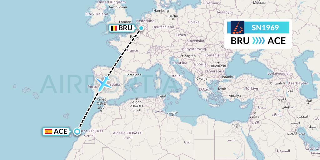 SN1969 Brussels Airlines Flight Map: Brussels to Lanzarote