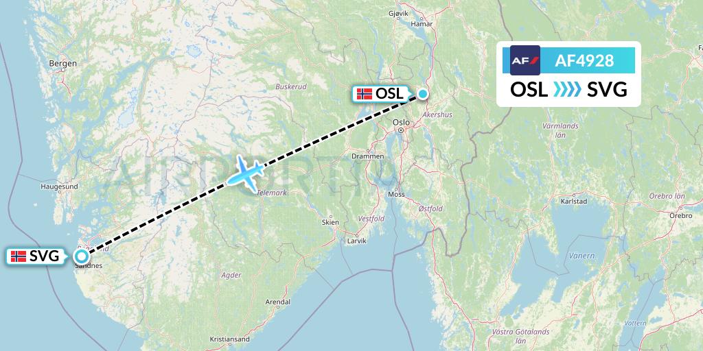 AF4928 Air France Flight Map: Oslo to Stavanger