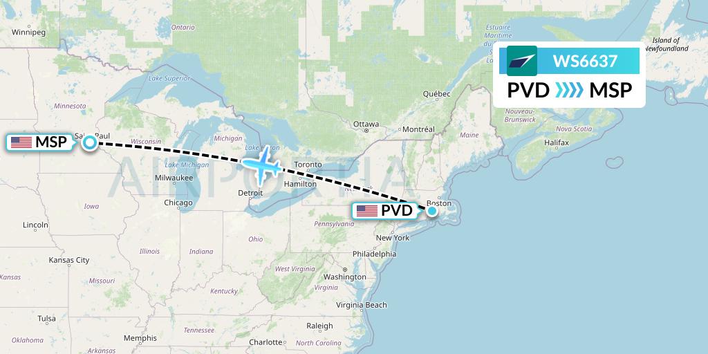WS6637 WestJet Flight Map: Providence to Minneapolis