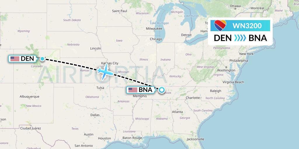WN3200 Southwest Airlines Flight Map: Denver to Nashville