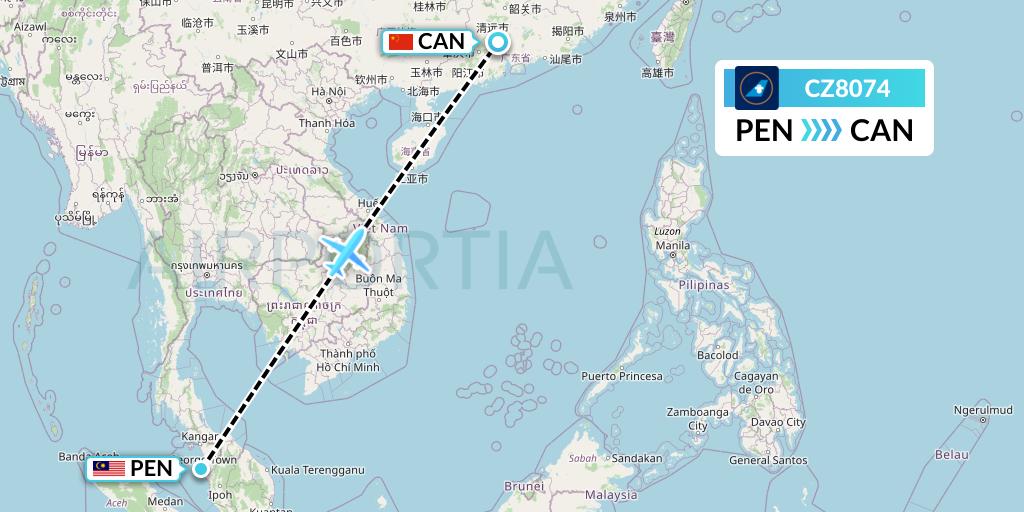 CZ8074 China Southern Airlines Flight Map: Penang to Guangzhou