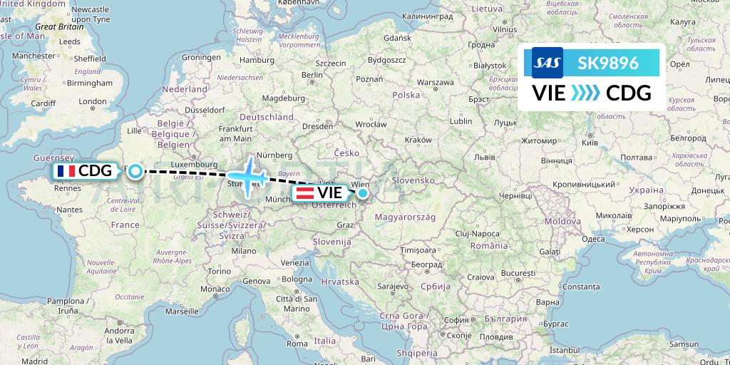 SK9896 SAS Flight Map: Vienna to Paris