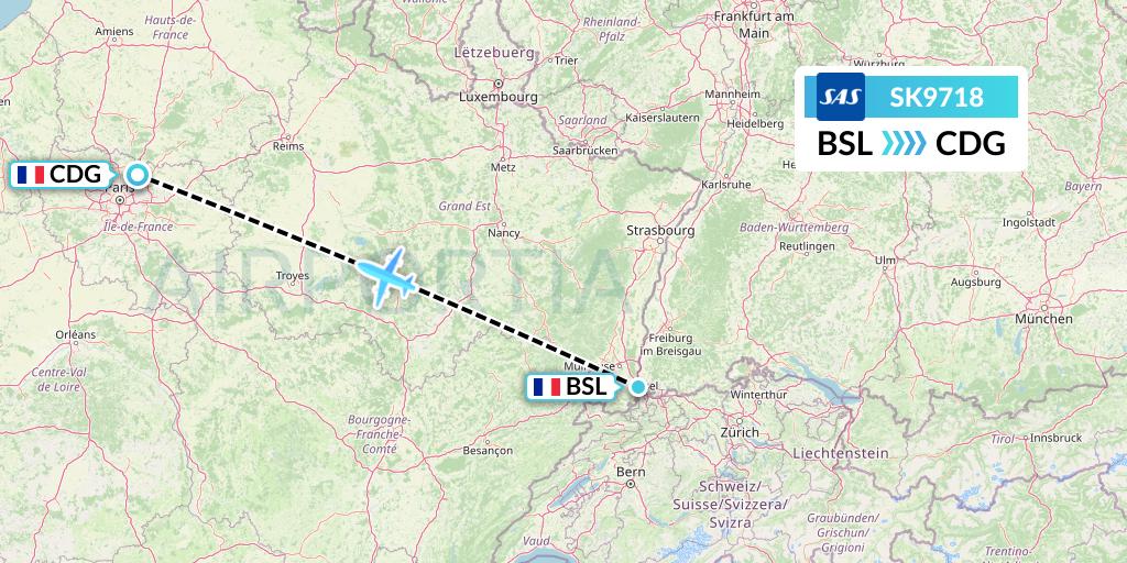 SK9718 SAS Flight Map: Basel to Paris