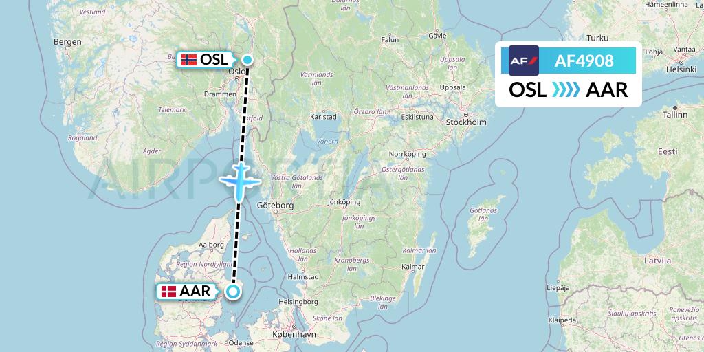 AF4908 Air France Flight Map: Oslo to Aarhus