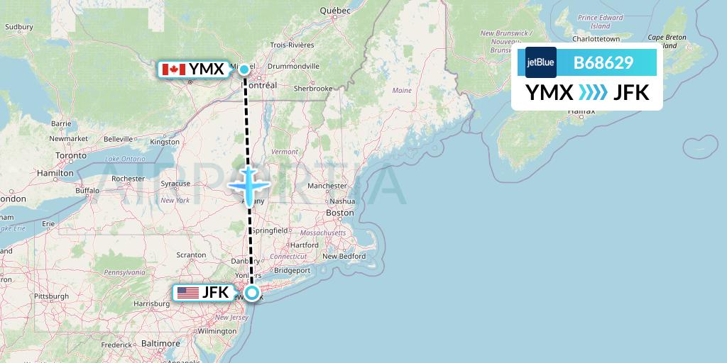 B68629 JetBlue Airways Flight Map: Montreal to New York