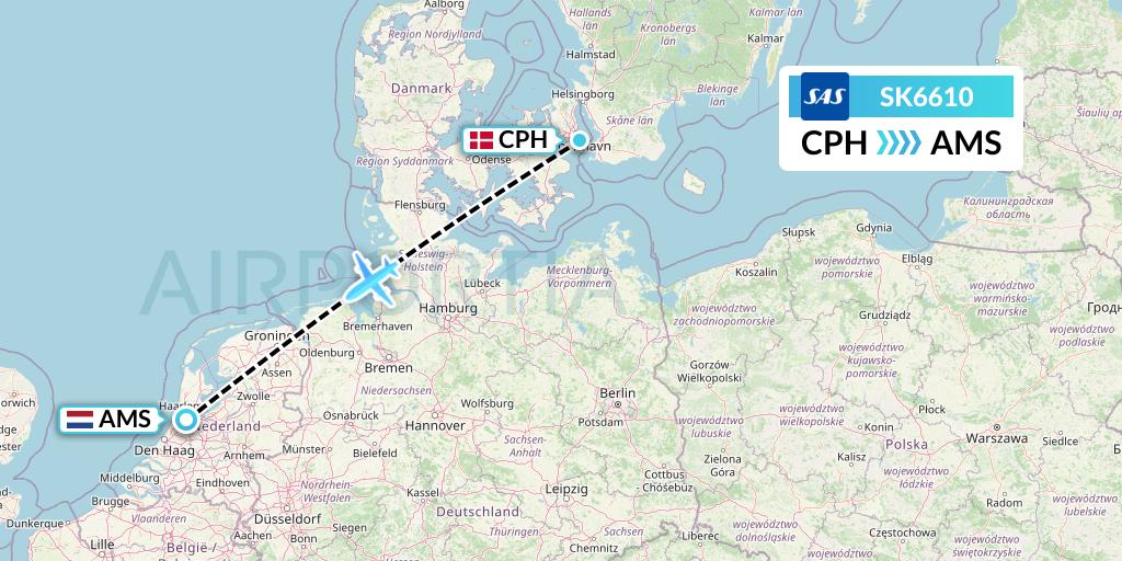 SK6610 SAS Flight Map: Copenhagen to Amsterdam