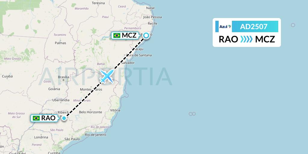 AD2507 Azul Brazilian Airlines Flight Map: Riberao Preto to Maceio