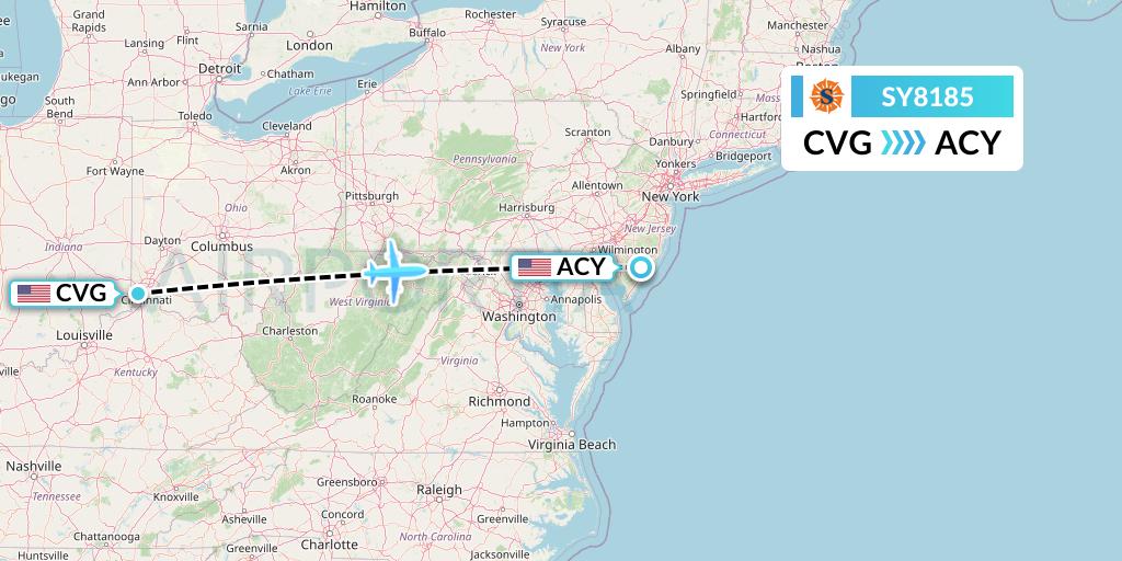 SY8185 Sun Country Airlines Flight Map: Cincinnati to Atlantic City