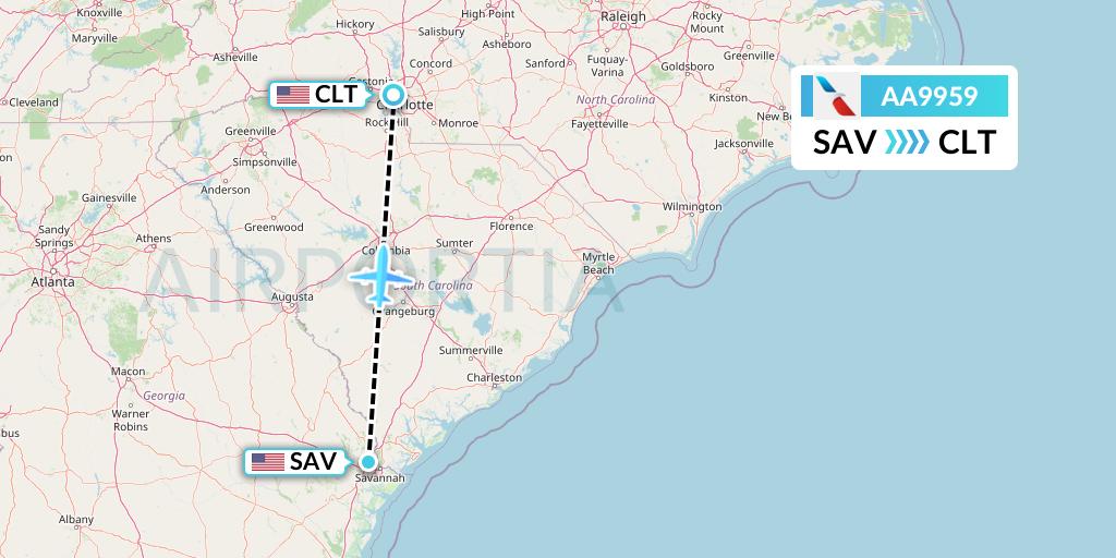 AA9959 American Airlines Flight Map: Savannah to Charlotte