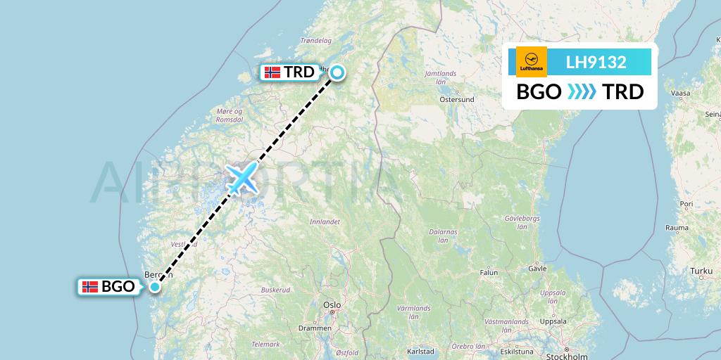 LH9132 Lufthansa Flight Map: Bergen to Trondheim
