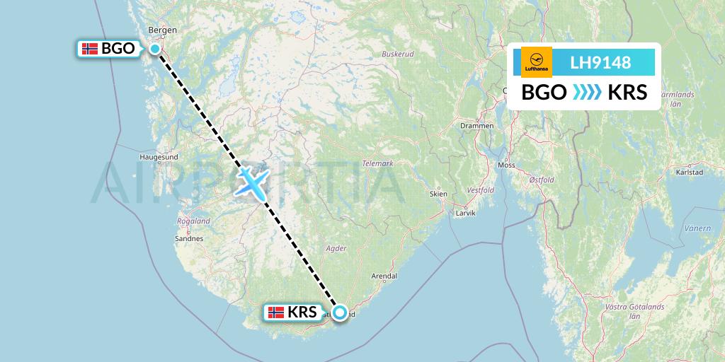 LH9148 Lufthansa Flight Map: Bergen to Kristiansand