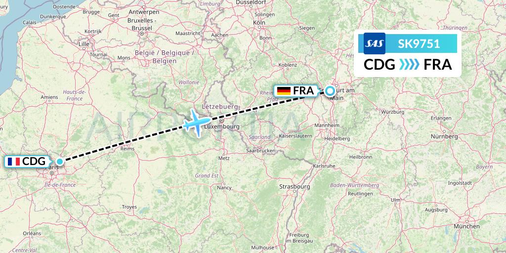 SK9751 SAS Flight Map: Paris to Frankfurt