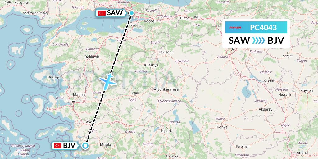 PC4043 Pegasus Airlines Flight Map: Istanbul to Bodrum
