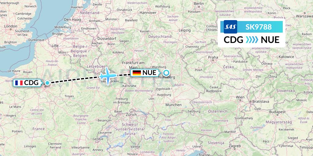 SK9788 SAS Flight Map: Paris to Nurnberg