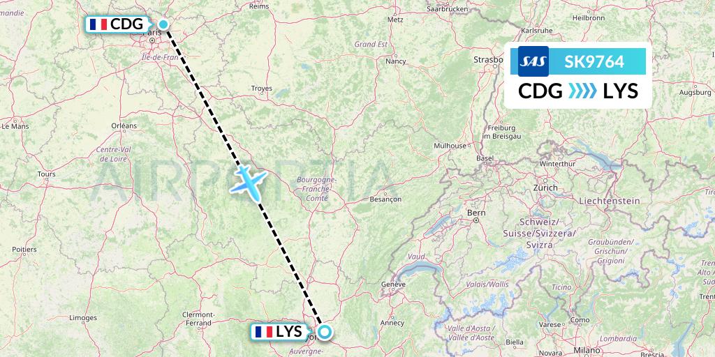 SK9764 SAS Flight Map: Paris to Lyon