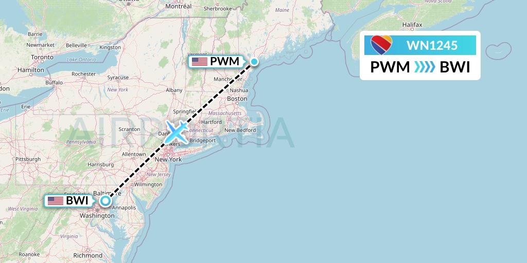 WN1245 Southwest Airlines Flight Map: Portland to Baltimore