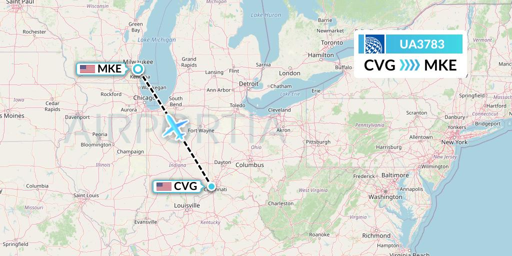 UA3783 United Airlines Flight Map: Cincinnati to Milwaukee