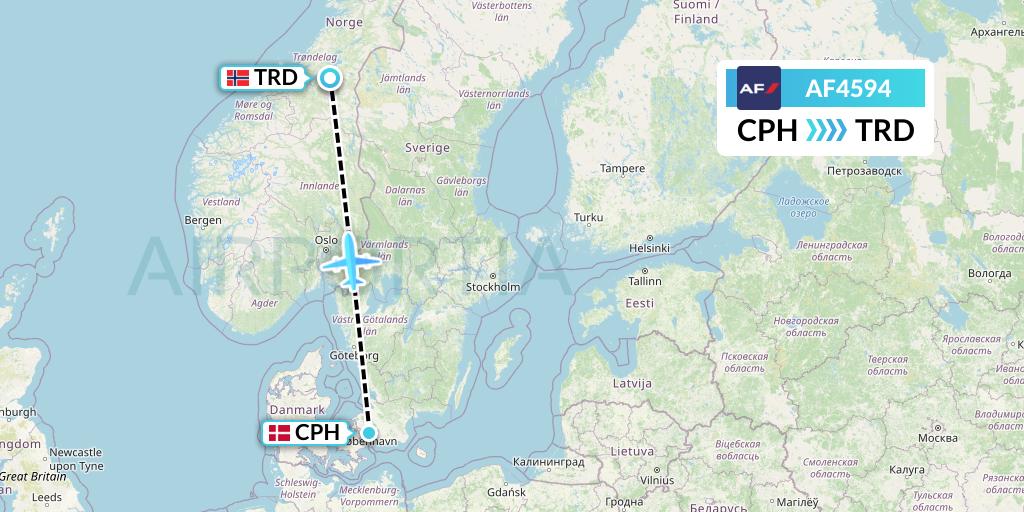 AF4594 Air France Flight Map: Copenhagen to Trondheim