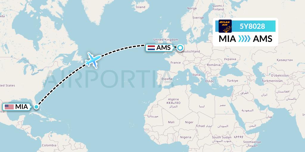 5Y8028 Atlas Air Flight Map: Miami to Amsterdam