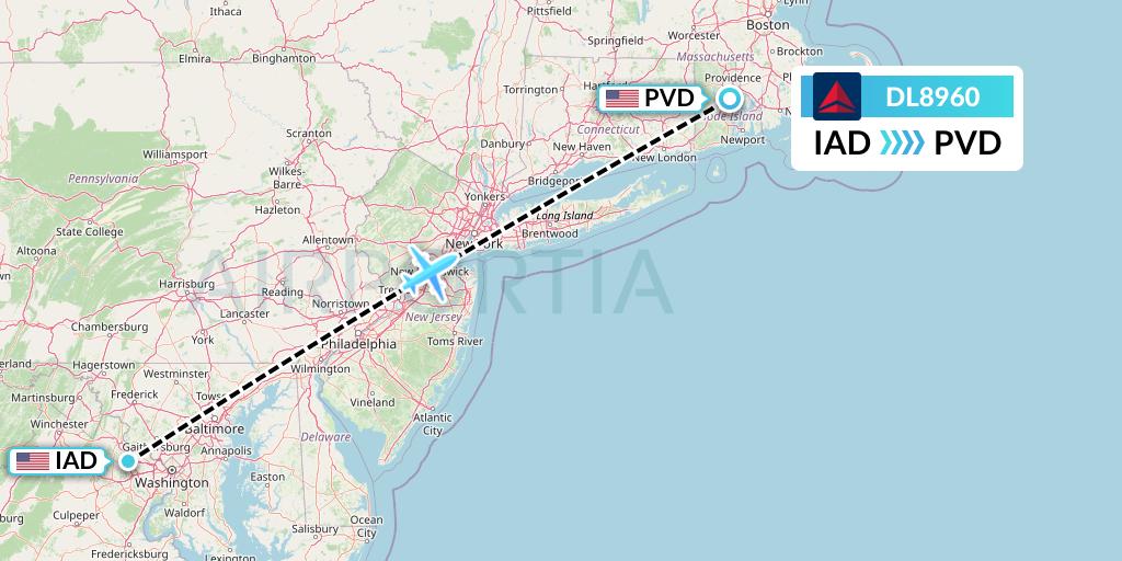 DL8960 Delta Air Lines Flight Map: Washington to Providence