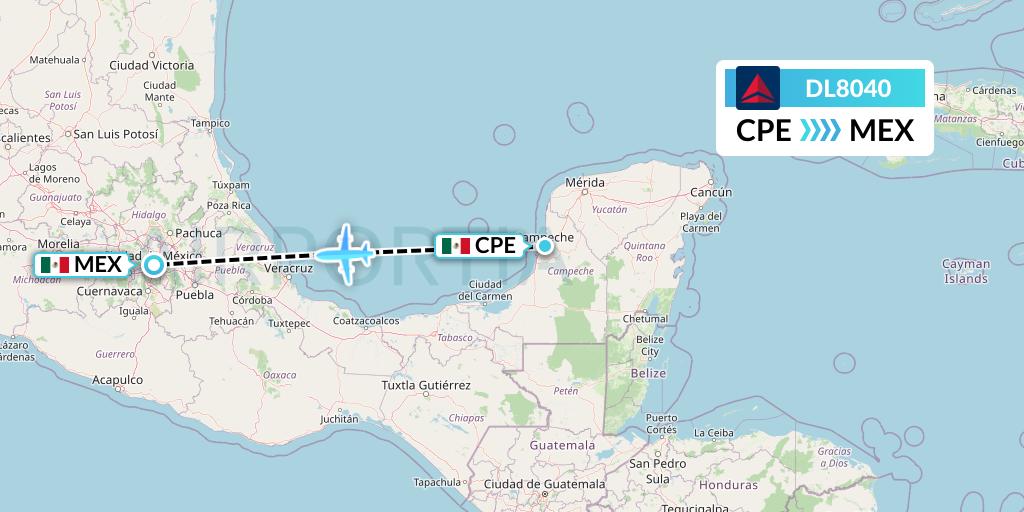 DL8040 Delta Air Lines Flight Map: Campeche to Mexico City