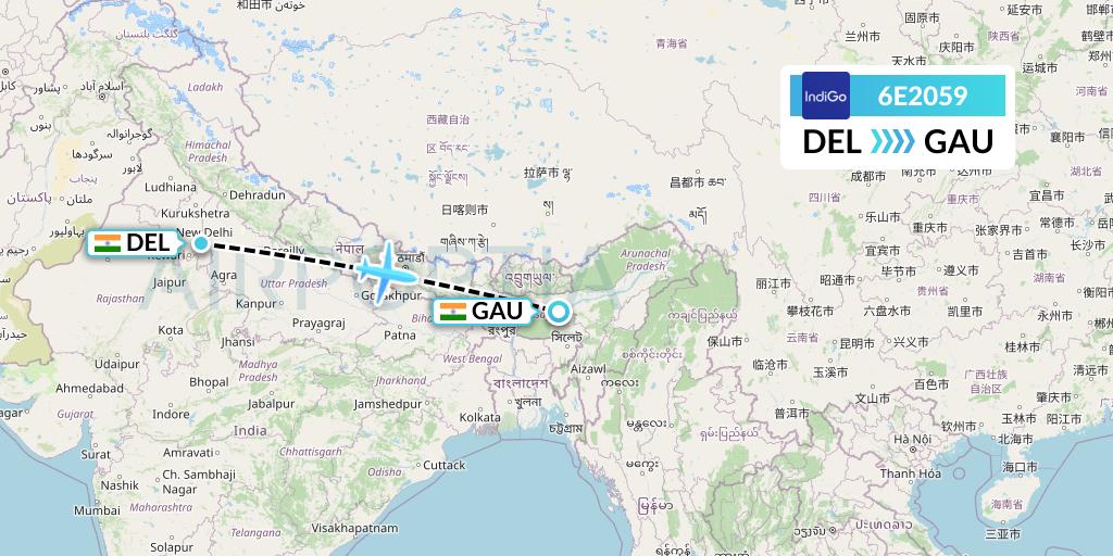 6E2059 IndiGo Airlines Flight Map: Delhi to Guwahati