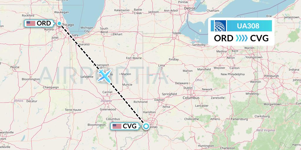 UA308 United Airlines Flight Map: Chicago to Cincinnati