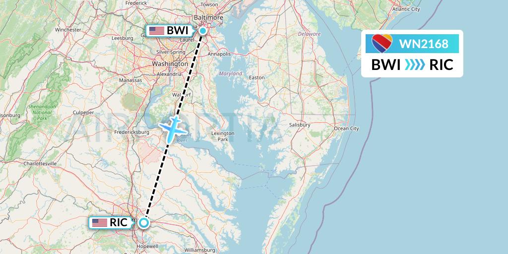 WN2168 Southwest Airlines Flight Map: Baltimore to Richmond