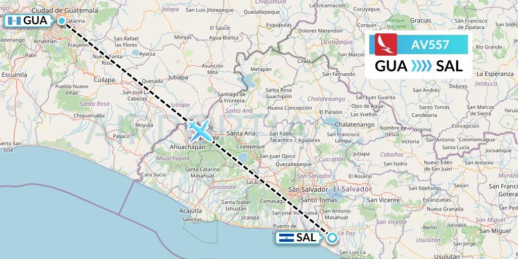 AV557 Avianca Flight Map: Guatemala City to San Salvador